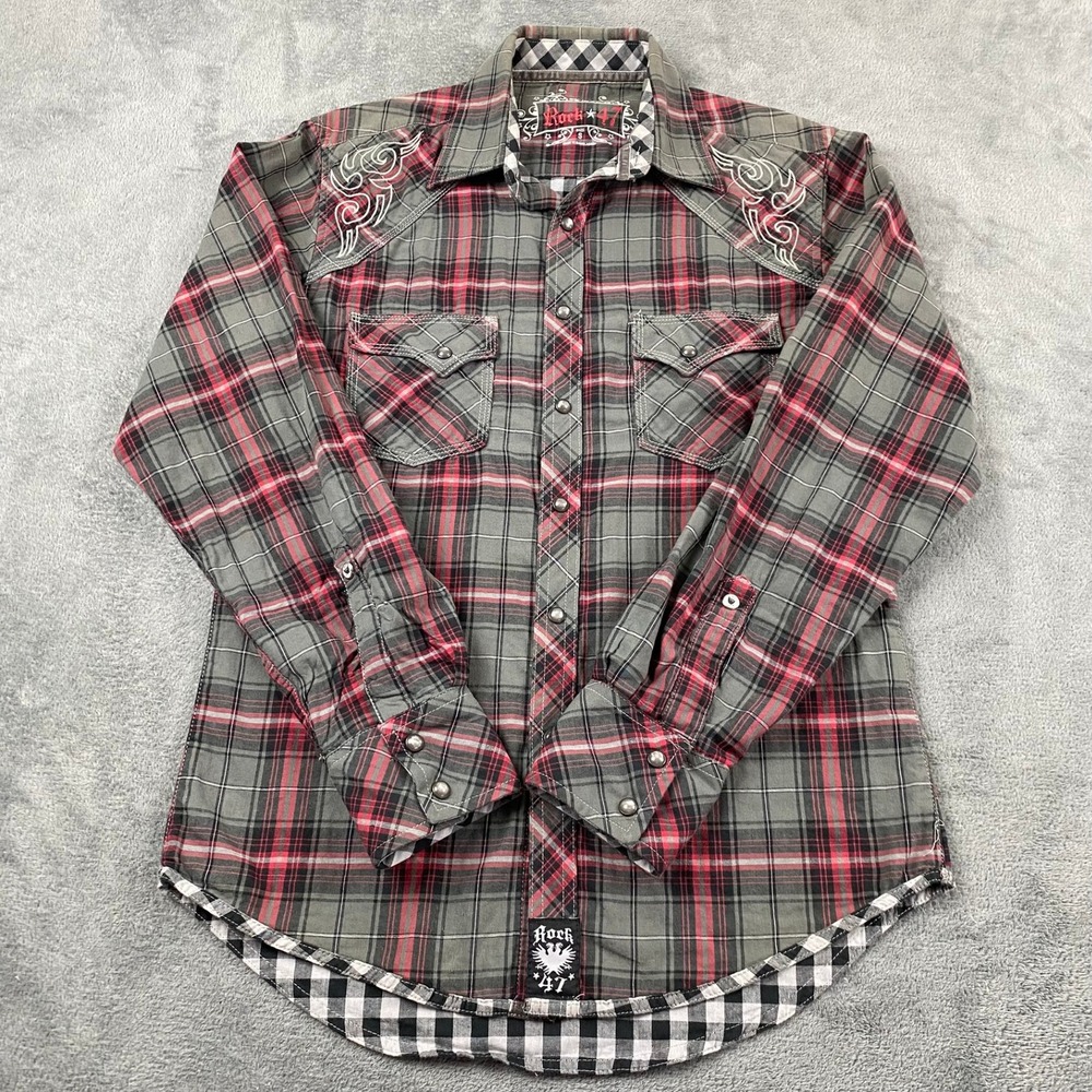 Rock 47 Mens Small Western Shirt Red Grey Plaid Embroidered Snap Front